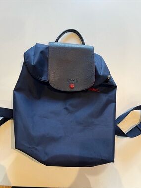 Longchamp Navy Blue Nylon Backpack with Black Leather Flap